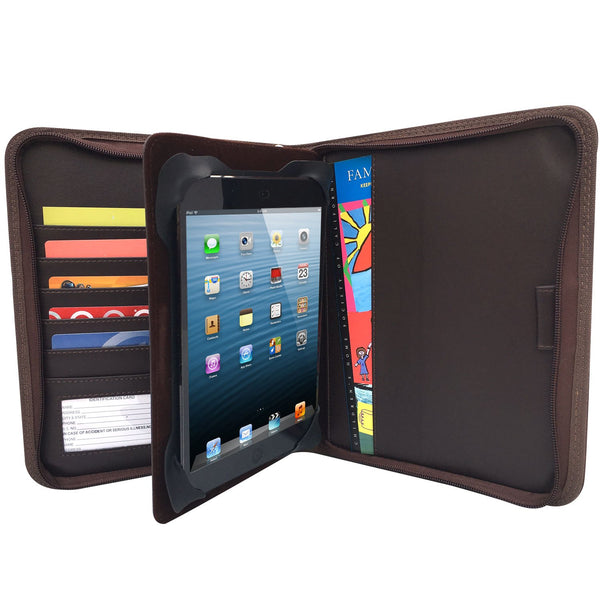 MSP Universal Zippered Padfolio/Professional Organizer for up to 8" Tablet Holder, 5 Cards & I.D Slots in Rich Brown PU Leather (105-Brown)
