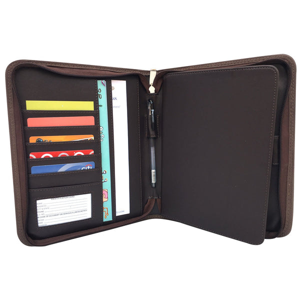 MSP Brown Organizer Padfolio with 8" Tablet Sleeve and Zipper Closure, Multiple Slots- PU Leather