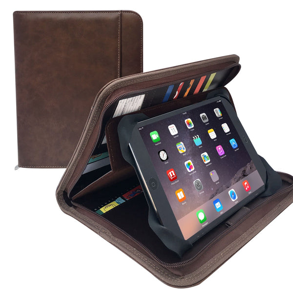 MSP Brown Organizer Padfolio with 8" Tablet Sleeve and Zipper Closure, Multiple Slots- PU Leather